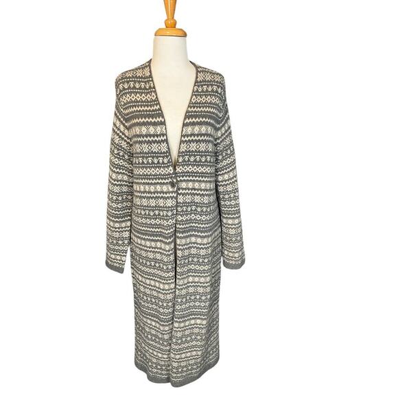 J.JILL Long Fair Isle Bounce Cardigan Singe Button Charcoal Heather Oatmeal Med - Picture 3 of 13
